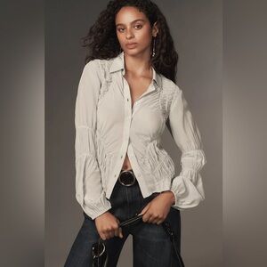 NWT By Anthropologie Long-Sleeve Shirred Buttondown Shirt | Size L